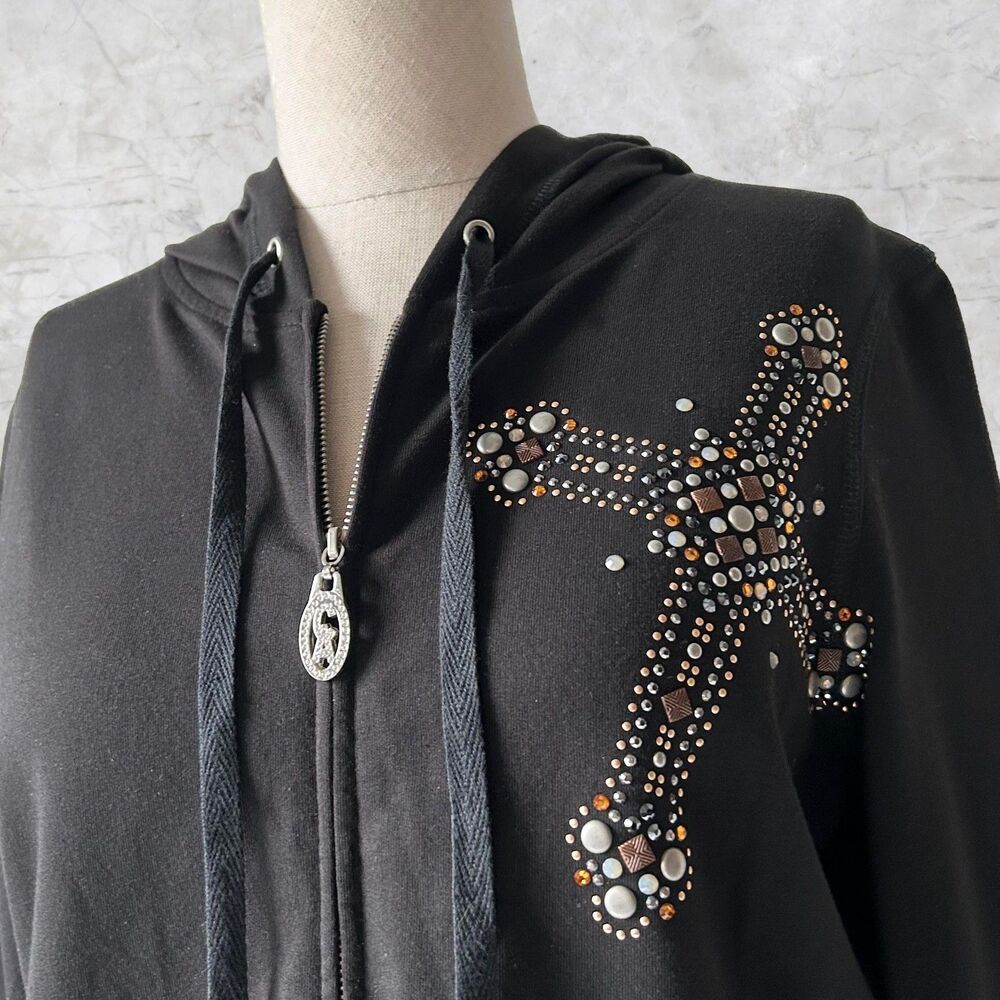 Christine Alexander Black Hoodie Womens Small Studded Cross Zip Front Sweatshirt